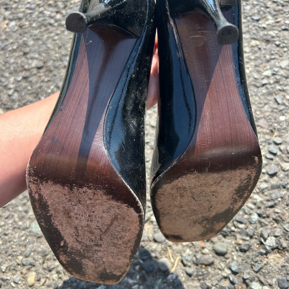 Stuart Weitzman Glossy Black Peep Toe Heels - Picture 5 of 7